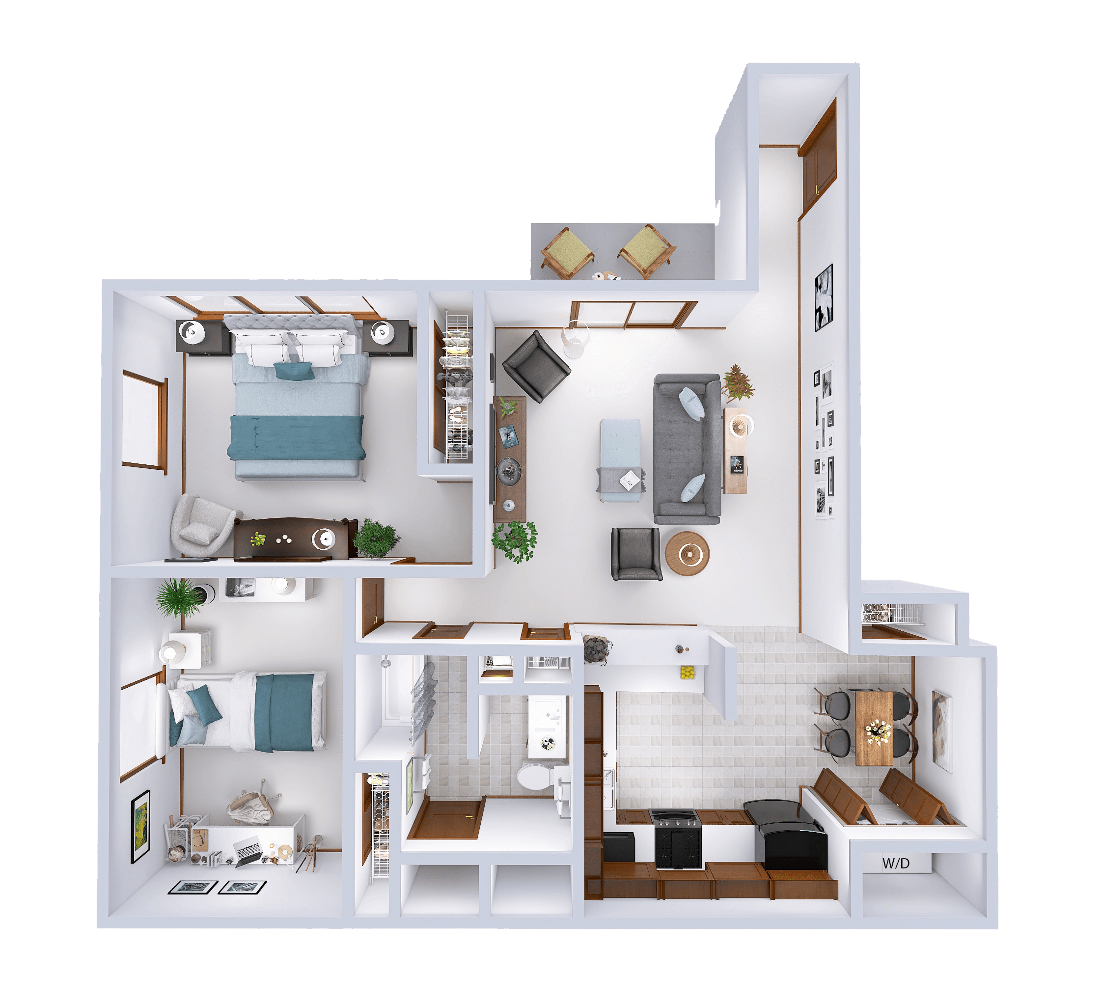 Floor plan for 2 beds, 1 bath, 964 sqft